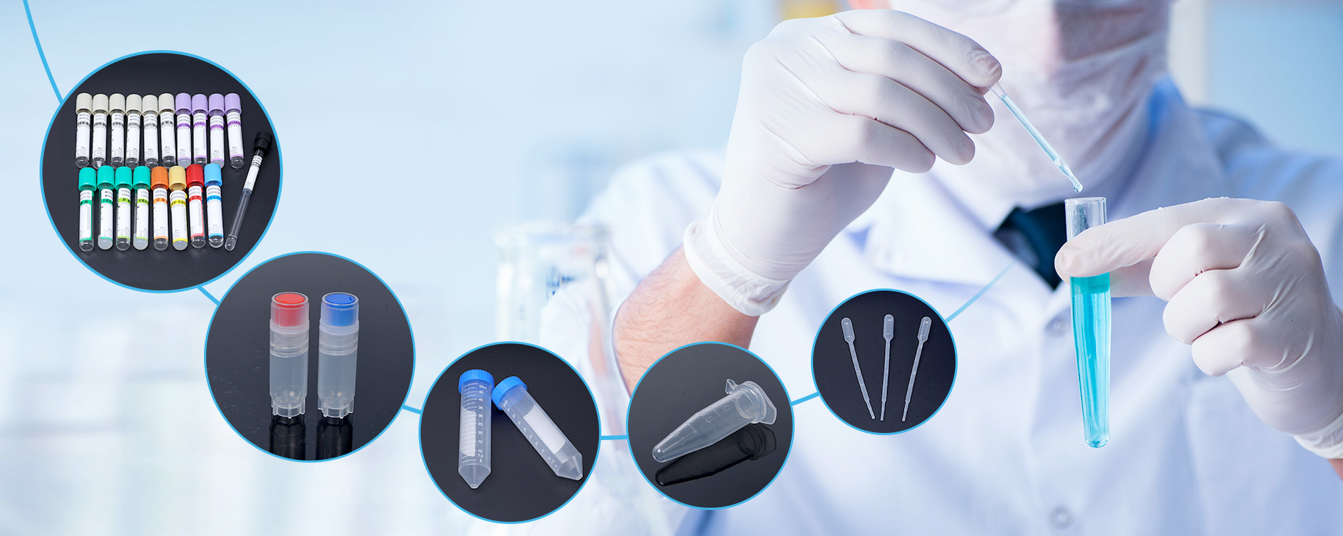 Banner detailing company strengths: Complete specifications, experienced team, independent research and development, and a commitment to innovation and progress.